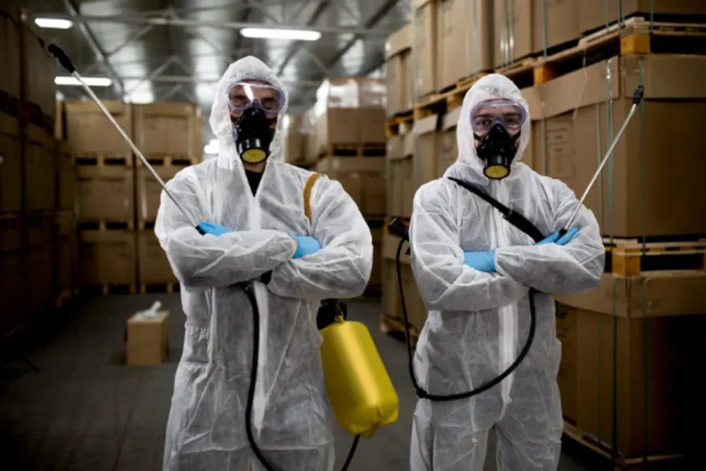 Fumigation technicians in protective gear at warehouse in Lahore