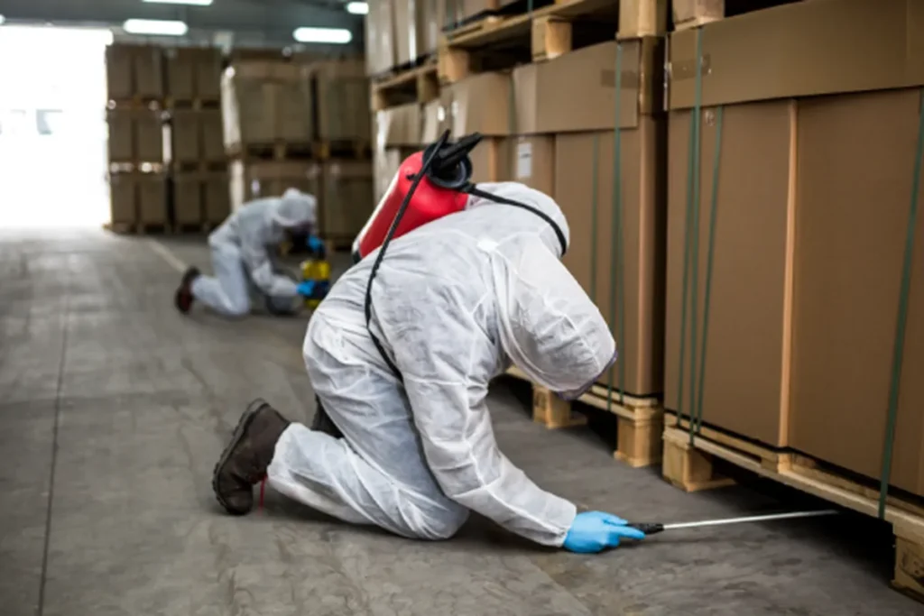 Pest control technicians in protective suits spraying warehouse pallets and storage boxes