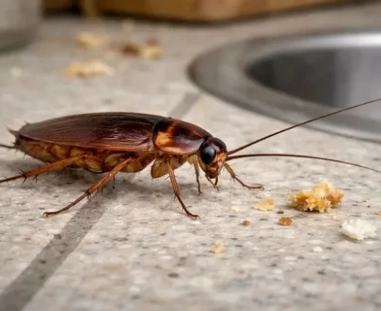 Cockroach crawling on a kitchen counter top near food crumbs