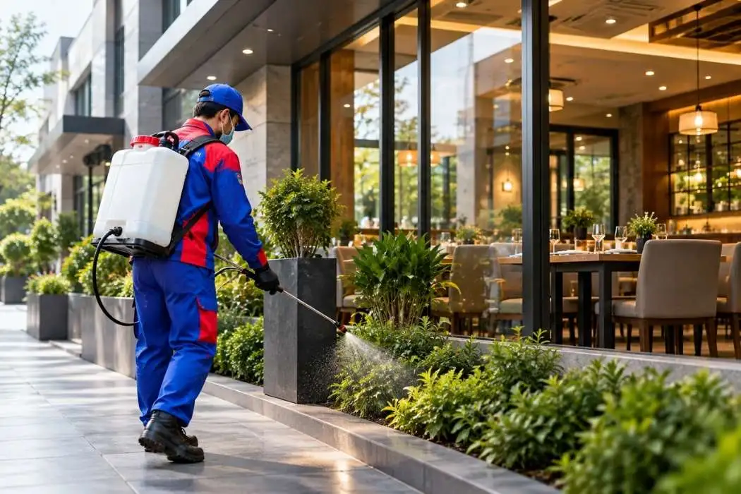 Technician providing commercial pest control service at a Lahore restaurant