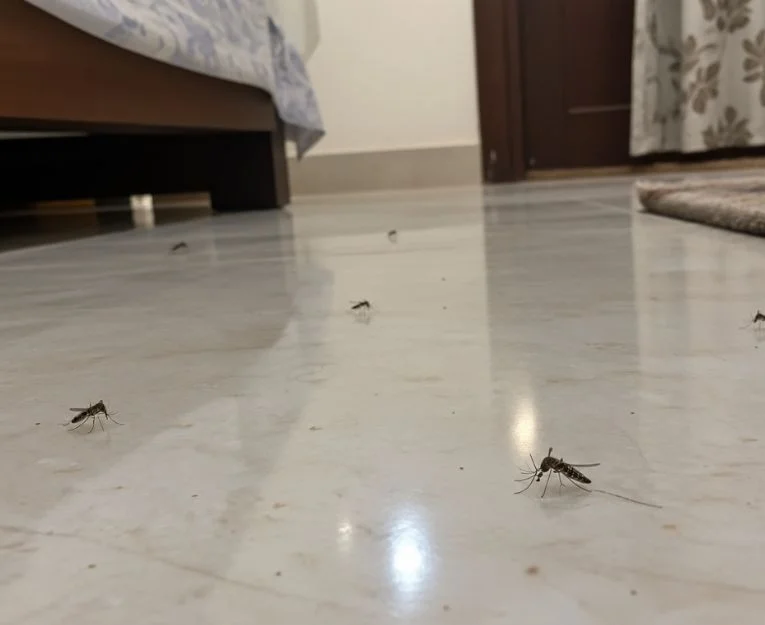 Mosquitoes on the floor inside a bedroom